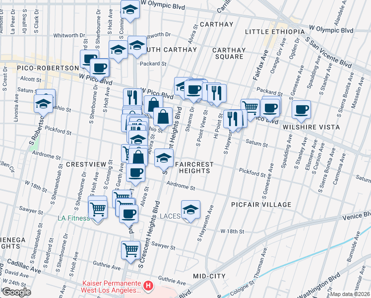 map of restaurants, bars, coffee shops, grocery stores, and more near 6001 Pickford Street in Los Angeles