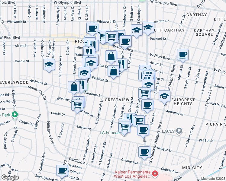 map of restaurants, bars, coffee shops, grocery stores, and more near 1651 South Bedford Street in Los Angeles