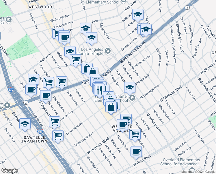 map of restaurants, bars, coffee shops, grocery stores, and more near 1912 Glendon Avenue in Los Angeles