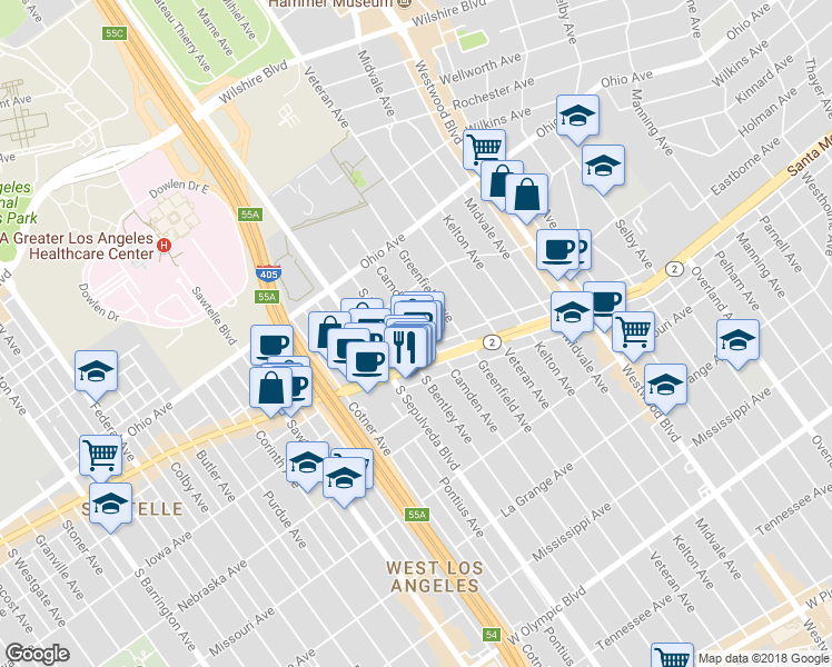 map of restaurants, bars, coffee shops, grocery stores, and more near 11037 California 2 in Los Angeles