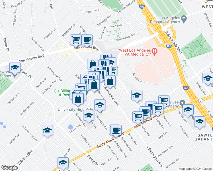 map of restaurants, bars, coffee shops, grocery stores, and more near 1242 South Barrington Avenue in Los Angeles