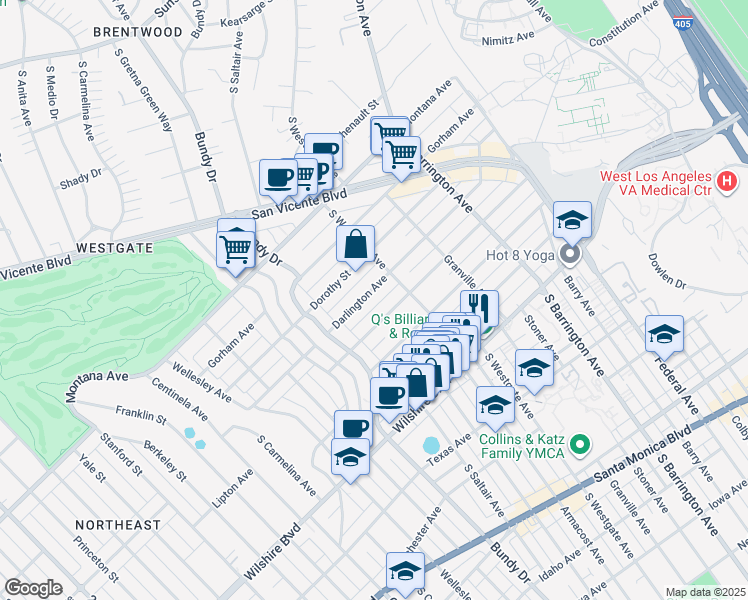 map of restaurants, bars, coffee shops, grocery stores, and more near 11956 Darlington Avenue in Los Angeles