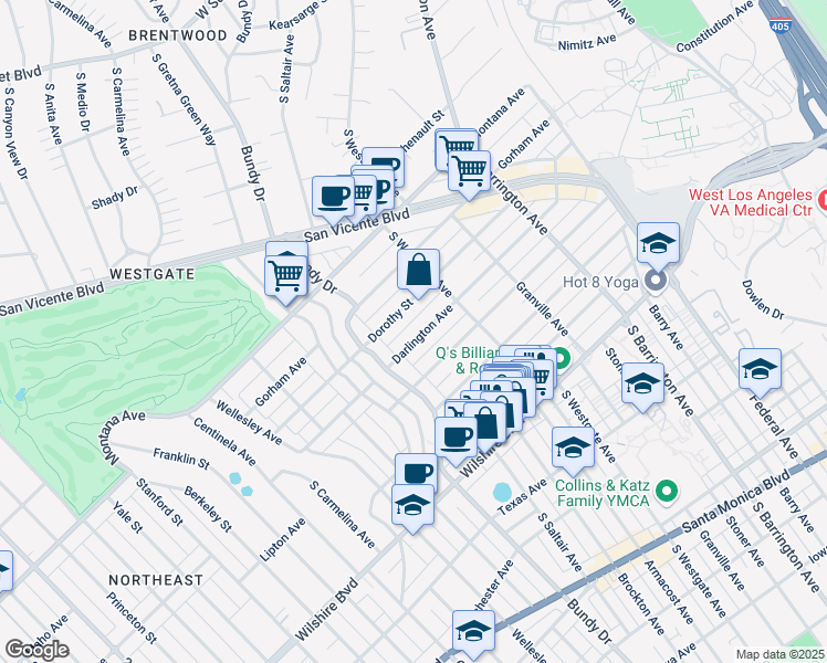 map of restaurants, bars, coffee shops, grocery stores, and more near 11956 Darlington Avenue in Los Angeles