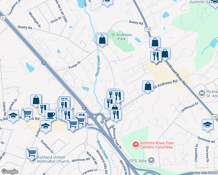 map of restaurants, bars, coffee shops, grocery stores, and more near 3010 Autumn Ridge in Columbia