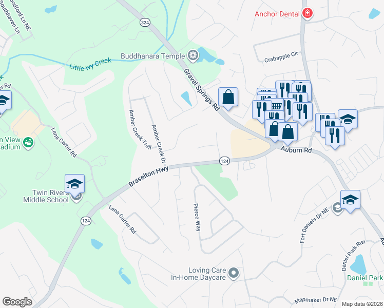 map of restaurants, bars, coffee shops, grocery stores, and more near 2455 Luke Court in Buford