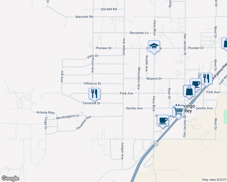 map of restaurants, bars, coffee shops, grocery stores, and more near 49244 Park Avenue in Morongo Valley