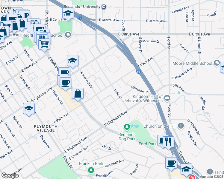 map of restaurants, bars, coffee shops, grocery stores, and more near 804 Lytle Street in Redlands