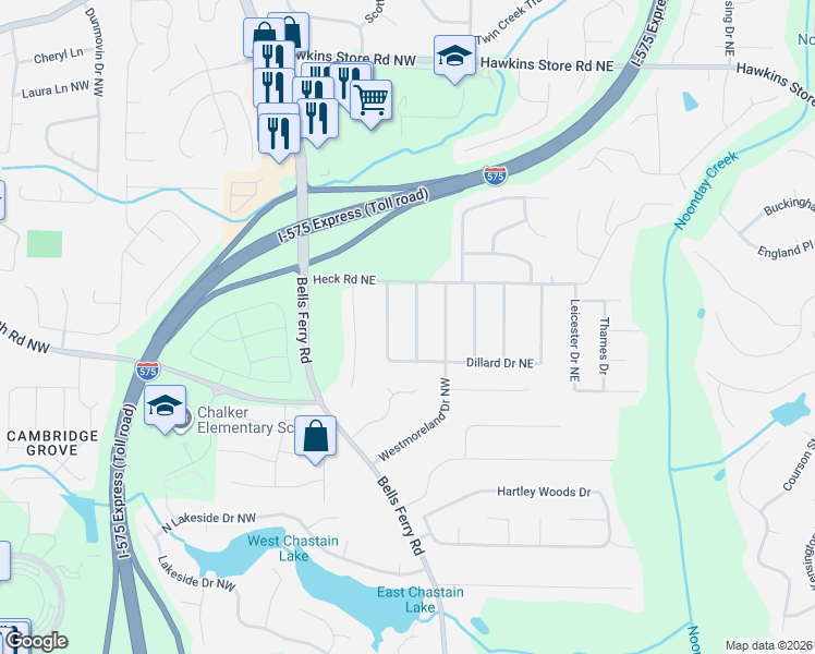 map of restaurants, bars, coffee shops, grocery stores, and more near 3919 Potomac Drive Northwest in Kennesaw