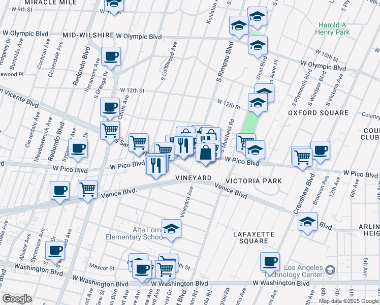 map of restaurants, bars, coffee shops, grocery stores, and more near 4700 West Pico Boulevard in Los Angeles