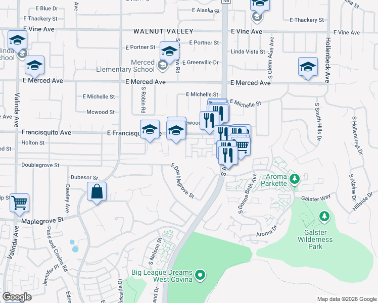 map of restaurants, bars, coffee shops, grocery stores, and more near 1544 Riverdale in West Covina