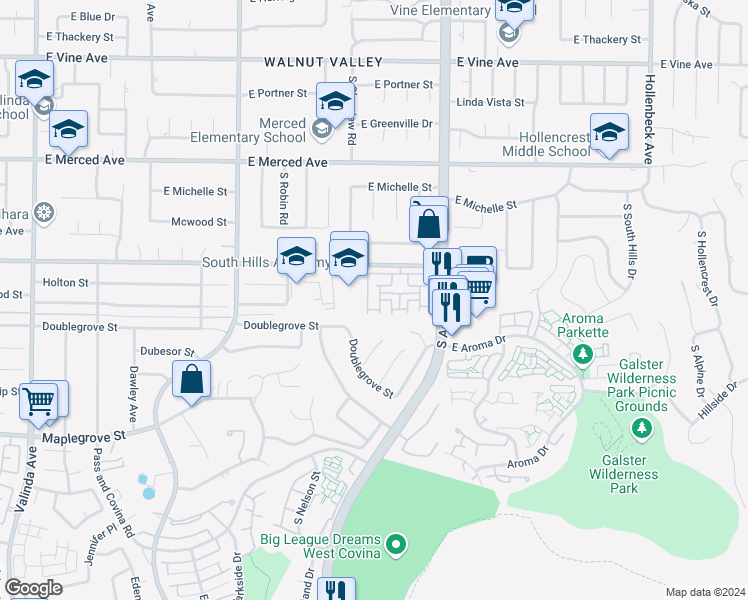 map of restaurants, bars, coffee shops, grocery stores, and more near 1544 Riverdale in West Covina