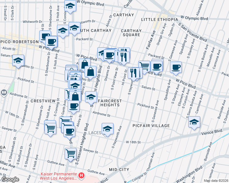 map of restaurants, bars, coffee shops, grocery stores, and more near 1544 South Point View Street in Los Angeles