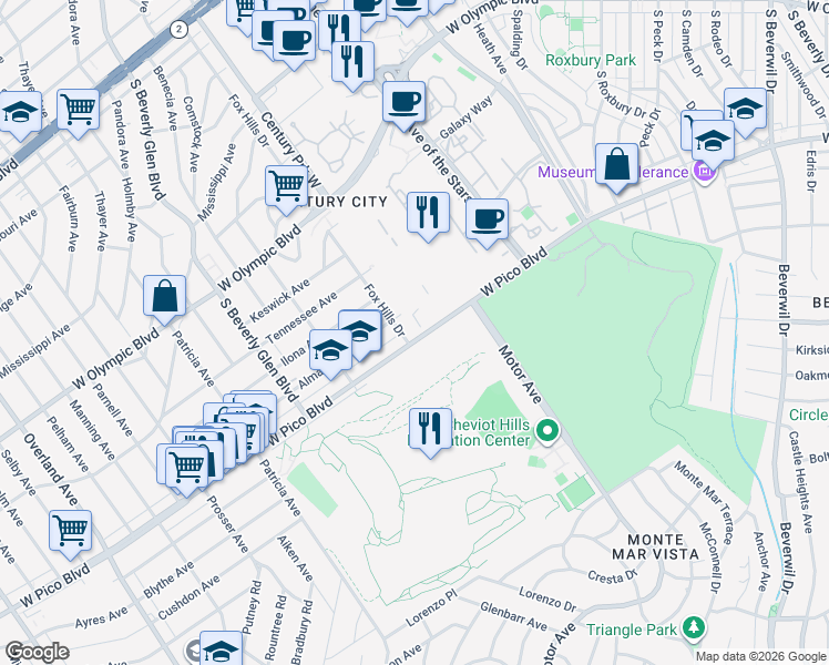 map of restaurants, bars, coffee shops, grocery stores, and more near 10275 West Pico Boulevard in Los Angeles