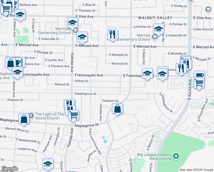 map of restaurants, bars, coffee shops, grocery stores, and more near 16652 Alwood Street in La Puente