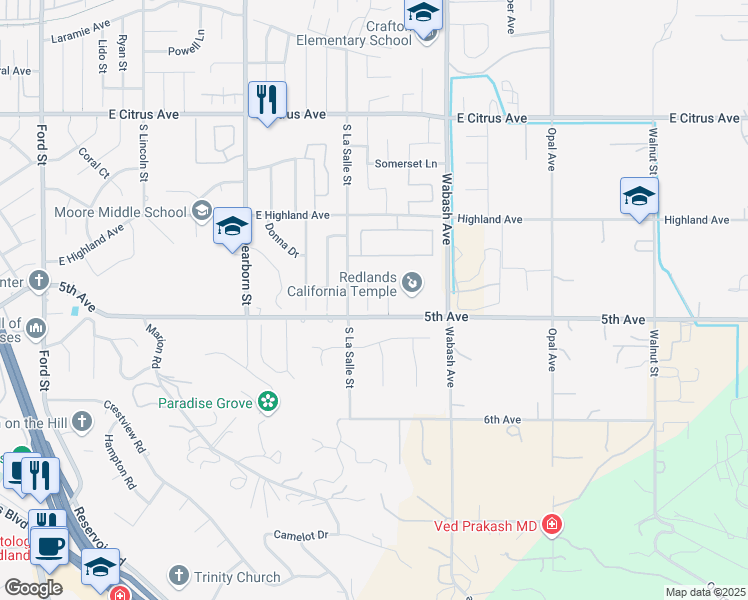 map of restaurants, bars, coffee shops, grocery stores, and more near 327 Brian Court in Redlands