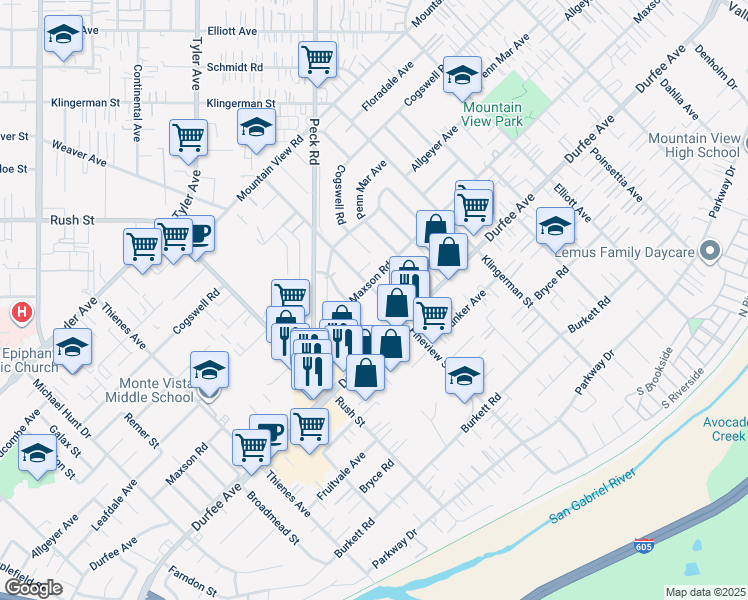 map of restaurants, bars, coffee shops, grocery stores, and more near 12216 Fineview Street in El Monte
