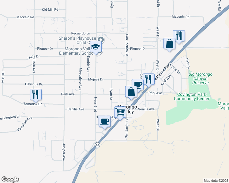 map of restaurants, bars, coffee shops, grocery stores, and more near 49624 Park Avenue in Morongo Valley