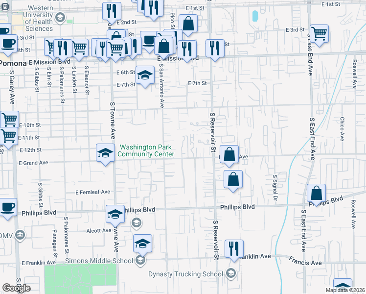 map of restaurants, bars, coffee shops, grocery stores, and more near 1081 East Grand Avenue in Pomona