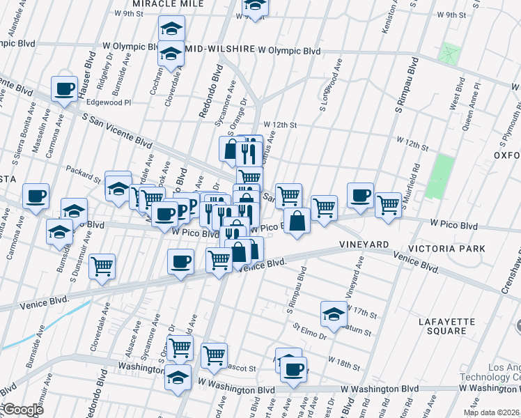 map of restaurants, bars, coffee shops, grocery stores, and more near in Los Angeles