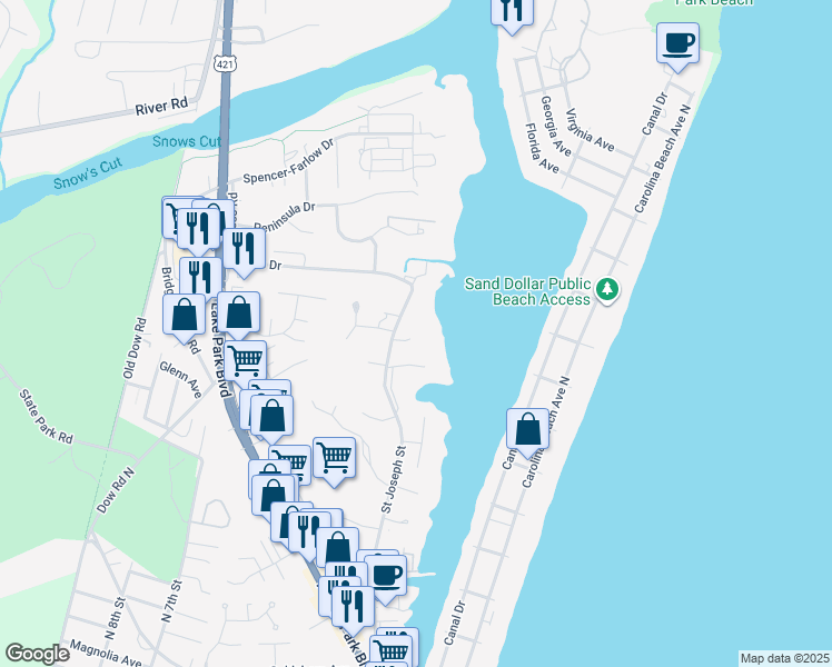 map of restaurants, bars, coffee shops, grocery stores, and more near 1200 Saint Joseph Street in Carolina Beach