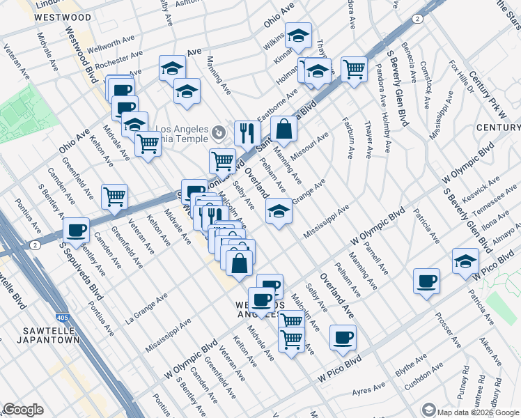map of restaurants, bars, coffee shops, grocery stores, and more near 1936 Selby Avenue in Los Angeles