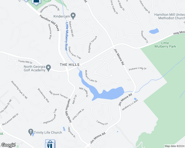 map of restaurants, bars, coffee shops, grocery stores, and more near 1694 Lake Heights Circle in Dacula