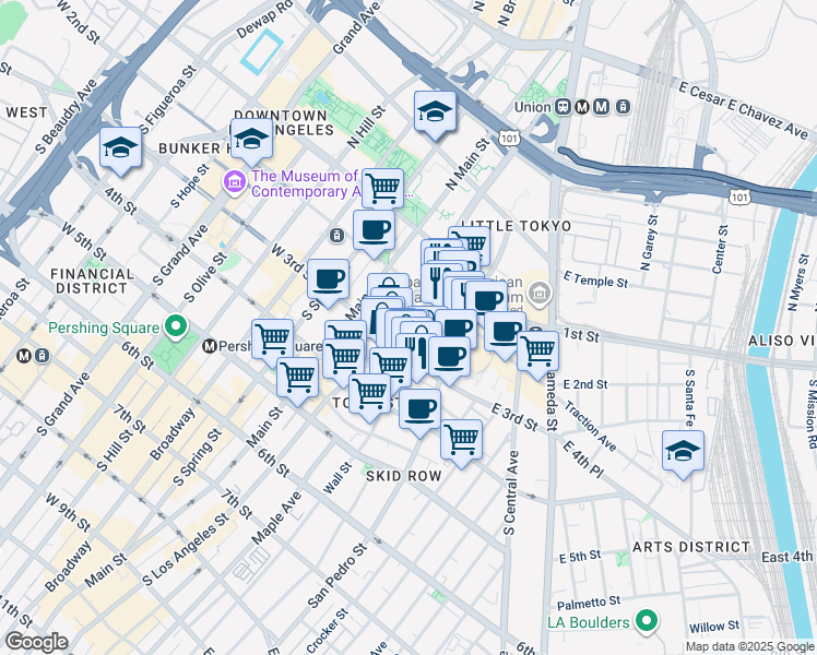 map of restaurants, bars, coffee shops, grocery stores, and more near 236 South Los Angeles Street in Los Angeles