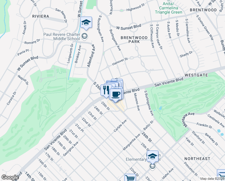 map of restaurants, bars, coffee shops, grocery stores, and more near 13037 San Vicente Boulevard in Los Angeles