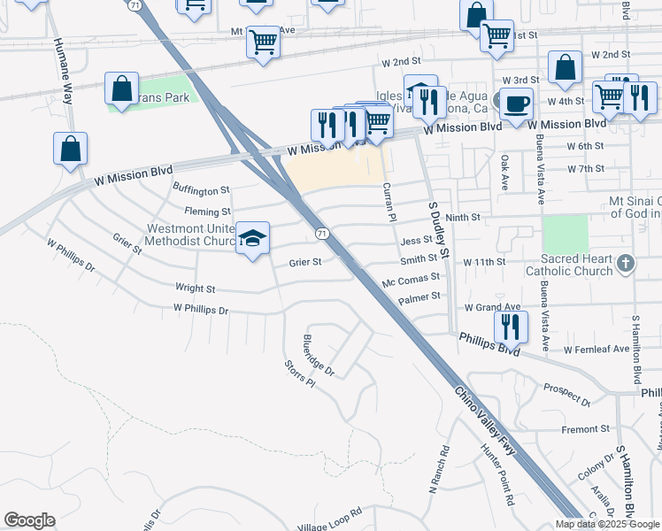 map of restaurants, bars, coffee shops, grocery stores, and more near 1706 Grier Street in Pomona