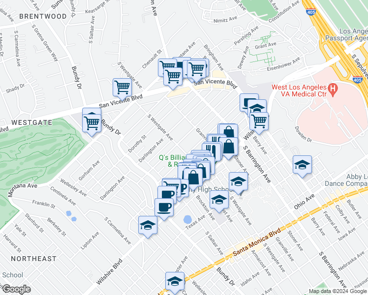 map of restaurants, bars, coffee shops, grocery stores, and more near 1000 South Westgate Avenue in Los Angeles