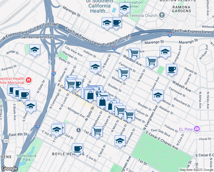 map of restaurants, bars, coffee shops, grocery stores, and more near 522 North Soto Street in Los Angeles