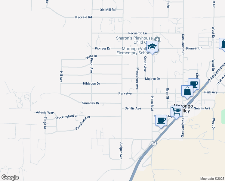 map of restaurants, bars, coffee shops, grocery stores, and more near 49244 Park Avenue in Morongo Valley
