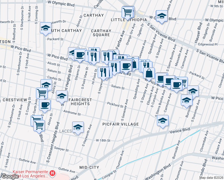 map of restaurants, bars, coffee shops, grocery stores, and more near 1515 South Orange Grove Avenue in Los Angeles