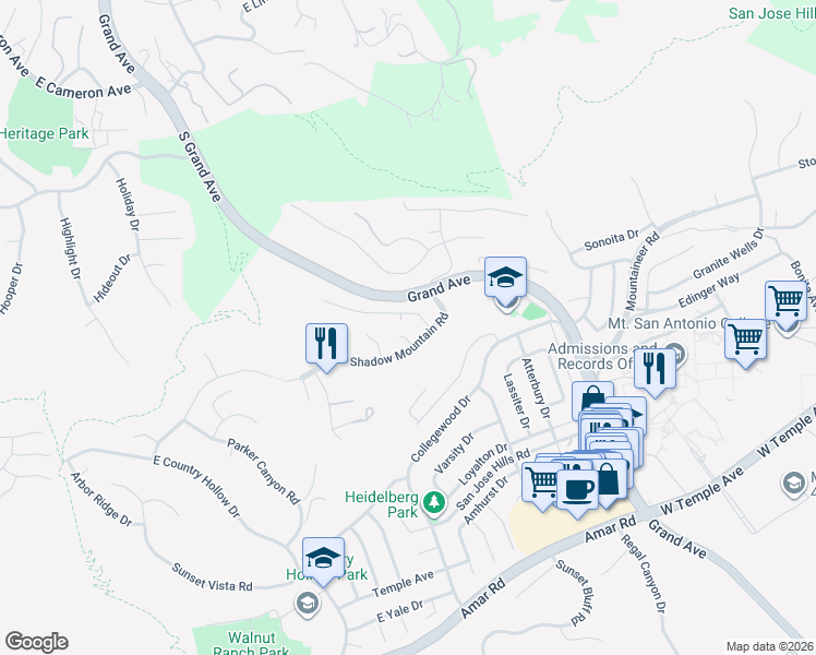 map of restaurants, bars, coffee shops, grocery stores, and more near 1732 Silvercrest Way in Walnut