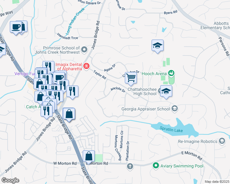 map of restaurants, bars, coffee shops, grocery stores, and more near 215 Boca Ciega Court in Alpharetta