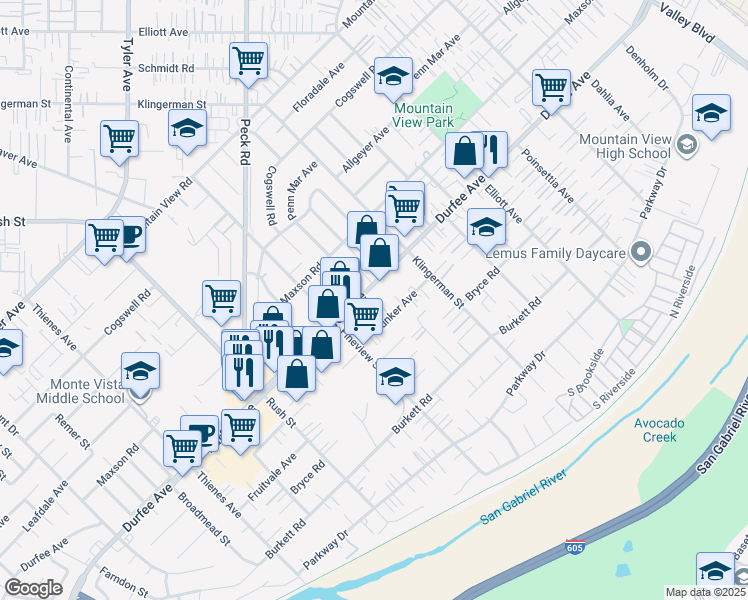 map of restaurants, bars, coffee shops, grocery stores, and more near 2253 Bunker Avenue in El Monte