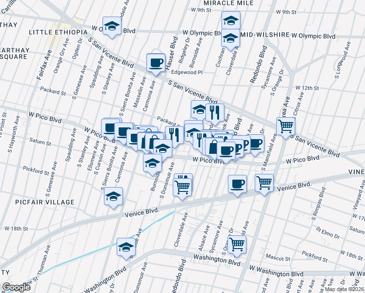 map of restaurants, bars, coffee shops, grocery stores, and more near 1338 South Dunsmuir Avenue in Los Angeles