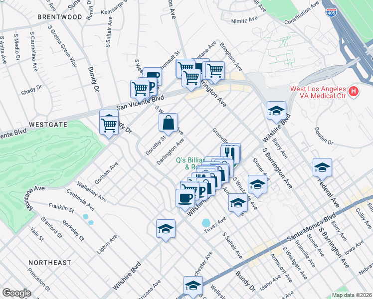 map of restaurants, bars, coffee shops, grocery stores, and more near 11919 Mayfield Avenue in Los Angeles