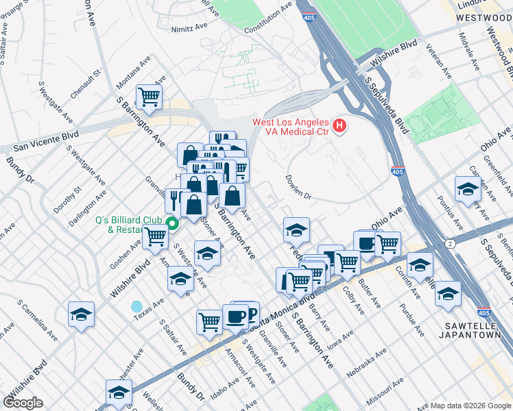 map of restaurants, bars, coffee shops, grocery stores, and more near 1281 Federal Avenue in Los Angeles