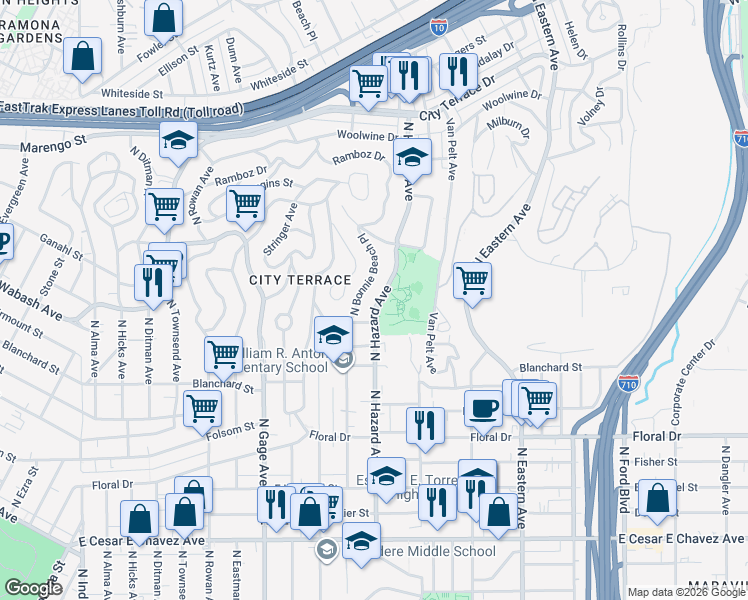 map of restaurants, bars, coffee shops, grocery stores, and more near 1034 North Bonnie Beach Place in Los Angeles