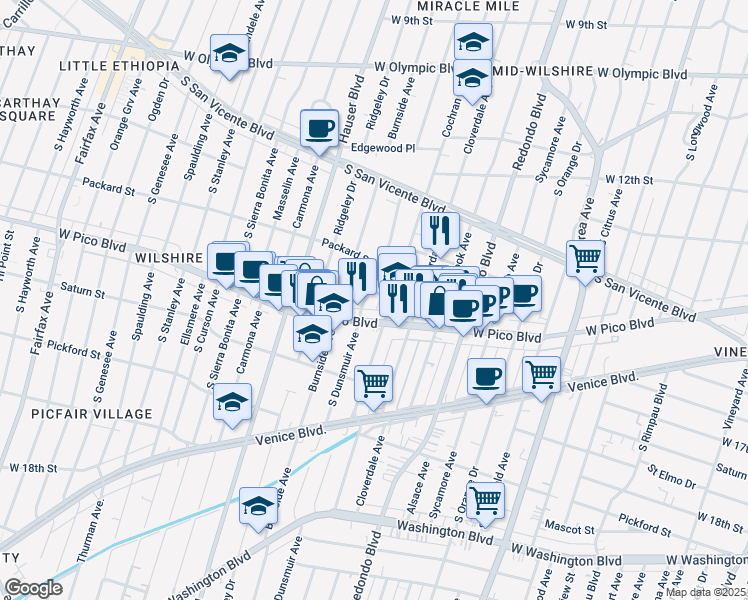 map of restaurants, bars, coffee shops, grocery stores, and more near 1338 South Dunsmuir Avenue in Los Angeles