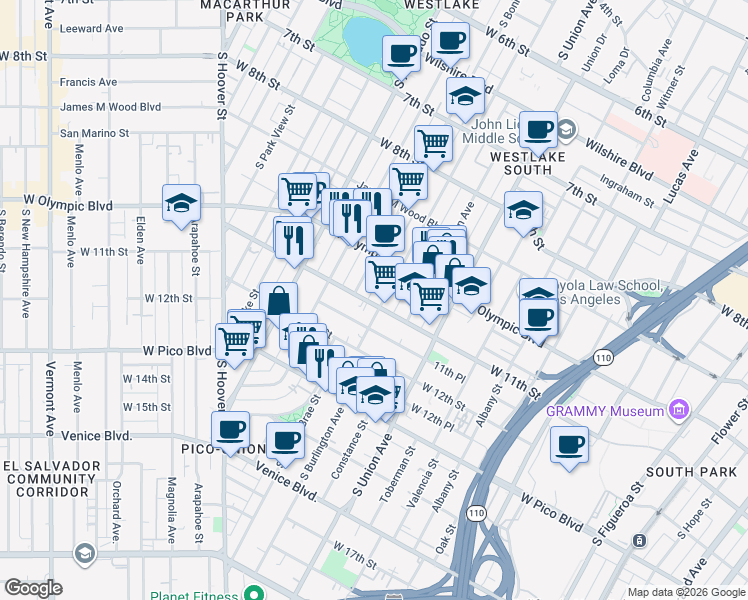 map of restaurants, bars, coffee shops, grocery stores, and more near 1809 West 11th Street in Los Angeles