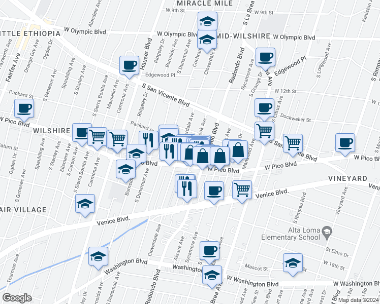 map of restaurants, bars, coffee shops, grocery stores, and more near 1349 Meadowbrook Avenue in Los Angeles