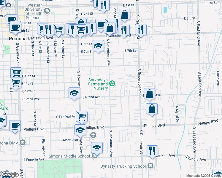 map of restaurants, bars, coffee shops, grocery stores, and more near 1202 South San Antonio Avenue in Pomona
