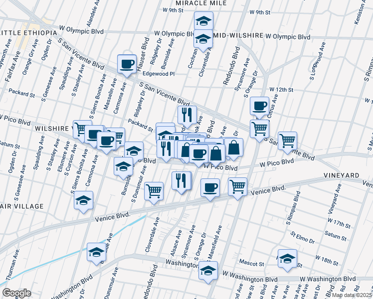 map of restaurants, bars, coffee shops, grocery stores, and more near 1349 Meadowbrook Avenue in Los Angeles