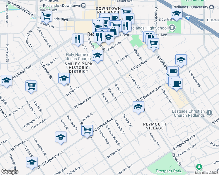 map of restaurants, bars, coffee shops, grocery stores, and more near 121 West Fern Avenue in Redlands