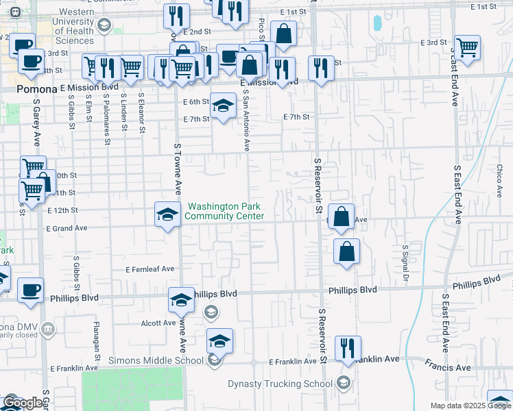 map of restaurants, bars, coffee shops, grocery stores, and more near 1202 South San Antonio Avenue in Pomona