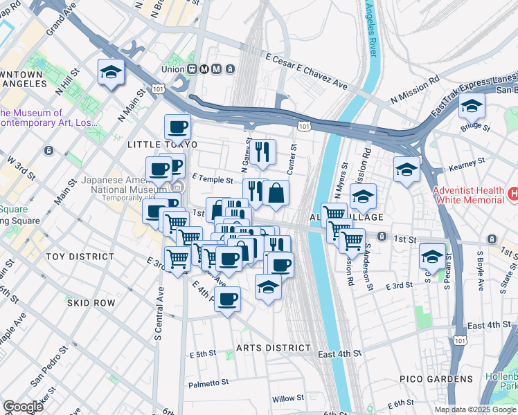 map of restaurants, bars, coffee shops, grocery stores, and more near 915 East 1st Street in Los Angeles