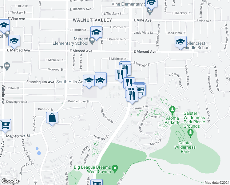 map of restaurants, bars, coffee shops, grocery stores, and more near 1477 McCabe Way in West Covina