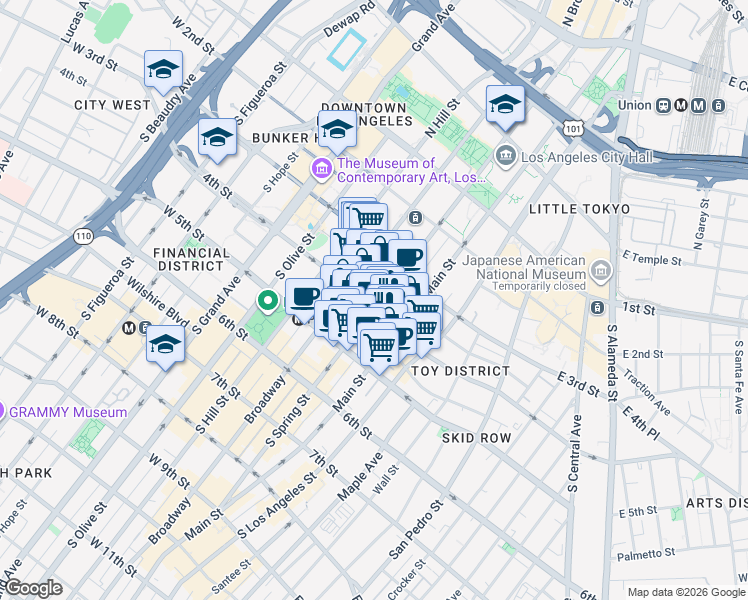 map of restaurants, bars, coffee shops, grocery stores, and more near 361 South Spring Street in Los Angeles